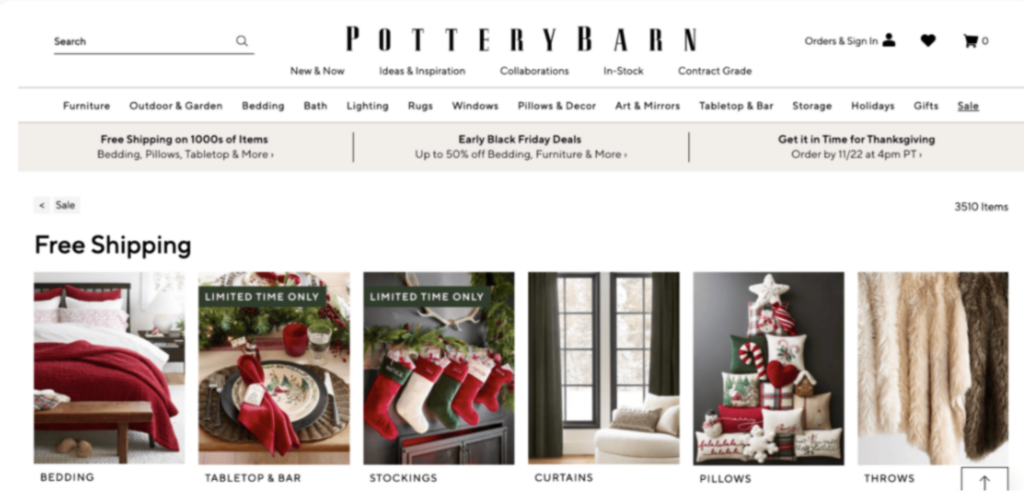 Pottery barn website during holidays
